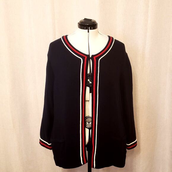 Talbots Blue Open Front Cardigan Sweater Red White Stripe Trim | SZ 3X | NWT - Picture 2 of 11